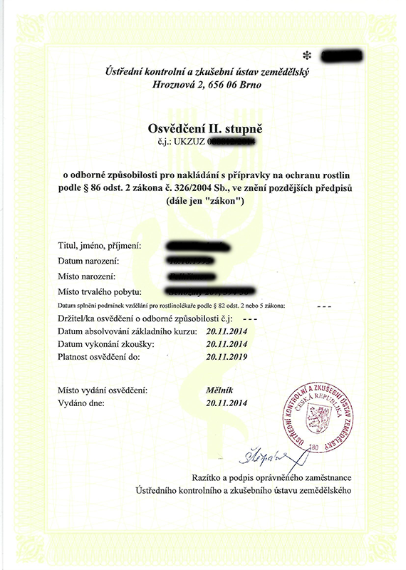 Vzor Osvědčení o odborné způsobilosti pro nakládání s přípravky na ochranu rostlin II. stupně pro ČR vydané ÚKZÚZ Vzor Osvědčení o odborné způsobilosti pro nakládání s přípravky na ochranu rostlin II. stupně pro ČR vydané ÚKZÚZ